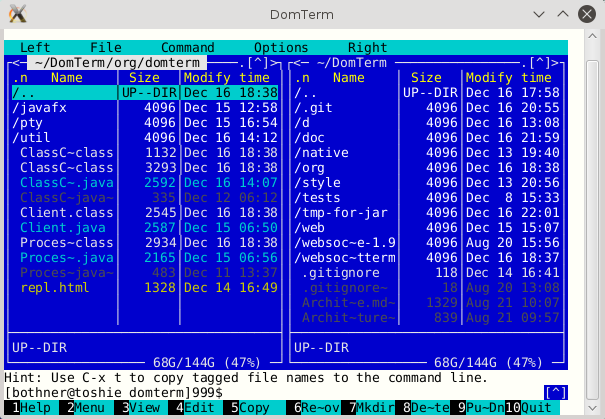 DomTerm window running mc (Midnight Commander)